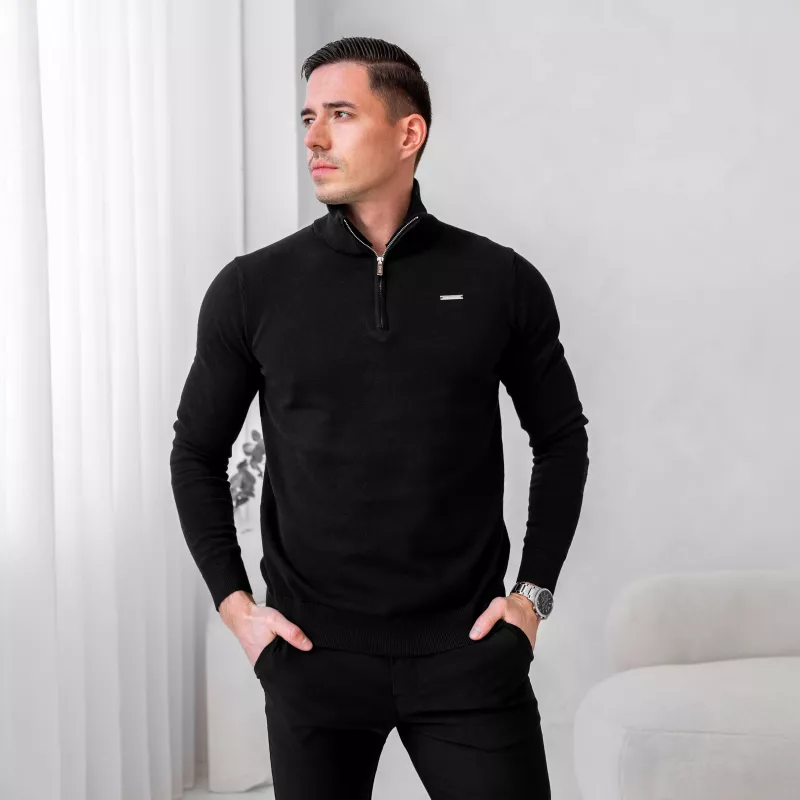 Kötött pulóver cipzárral Iron Aesthetics Tomas, fekete-2