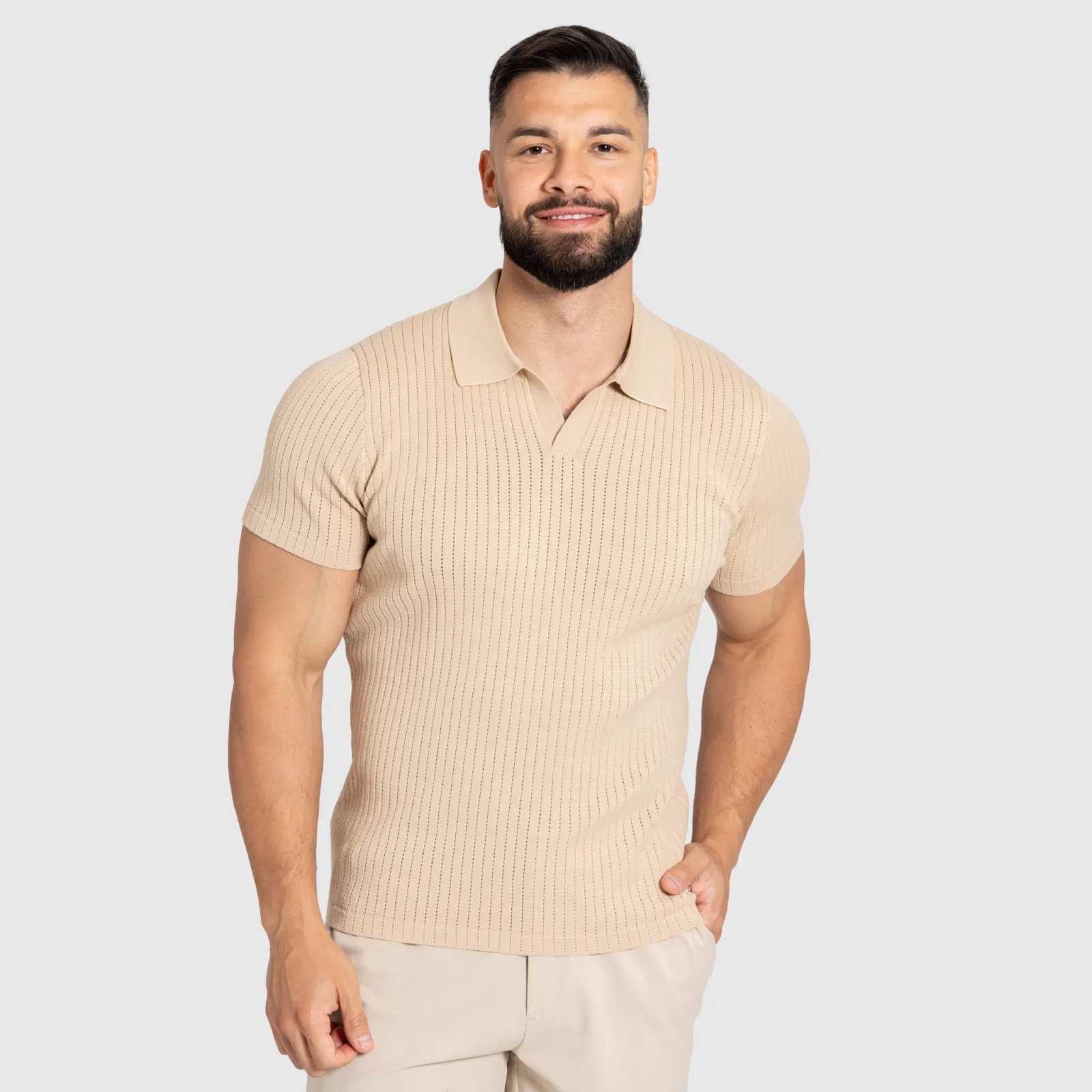 Férfi póló Iron Aesthetics Polo Knit, bézs-1